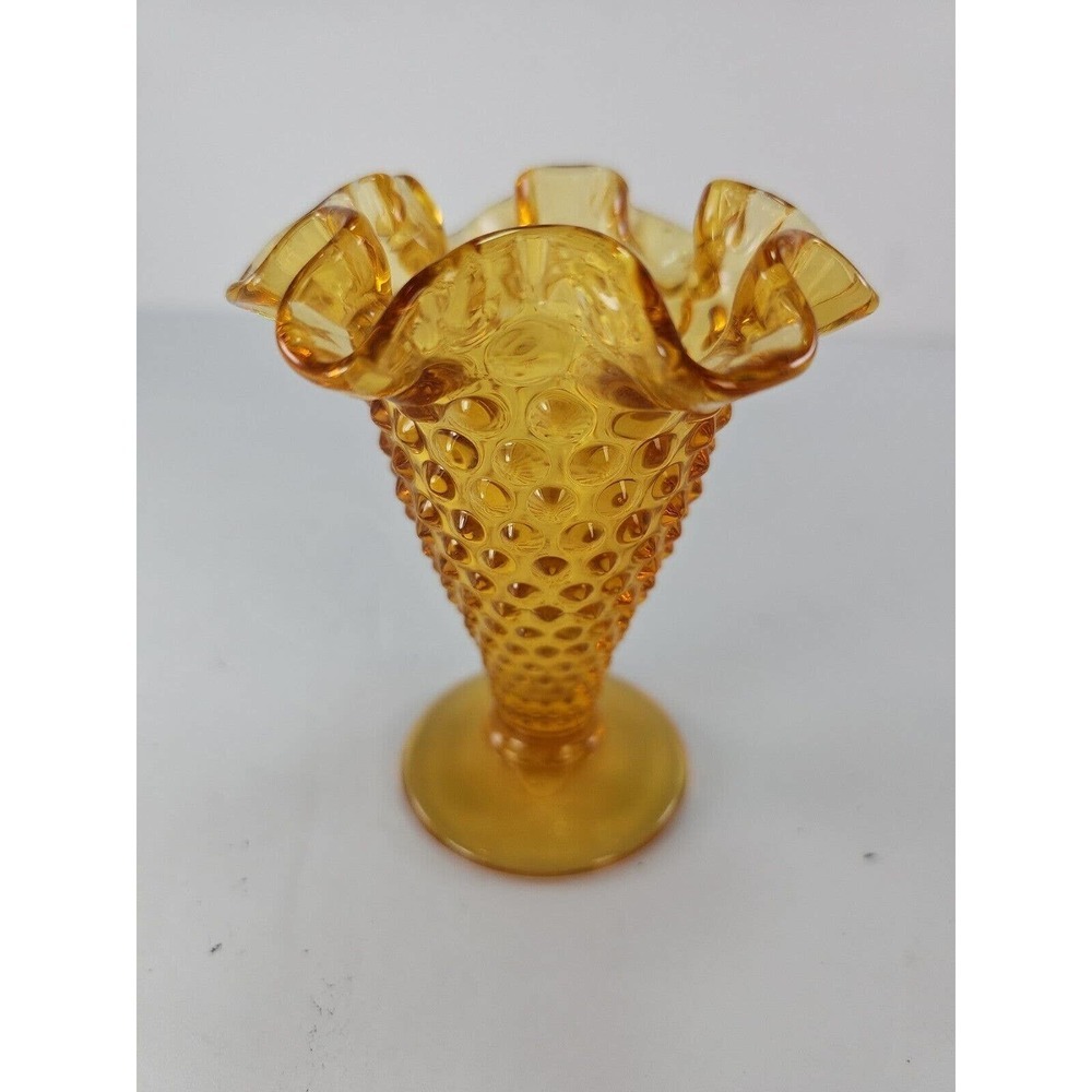 Fenton Amber Vase-Small Hobnail Fluted Ruffle 4 inches